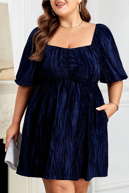 Ruched Velvet Puff Sleeve Dress - Curvy