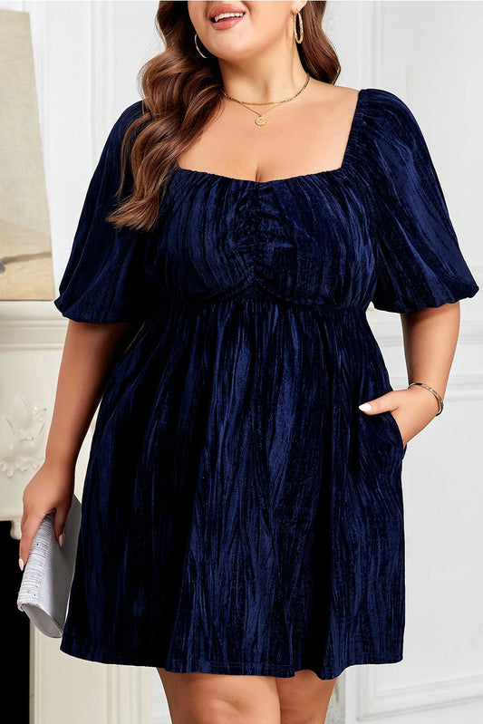 Ruched Velvet Puff Sleeve Dress - Curvy
