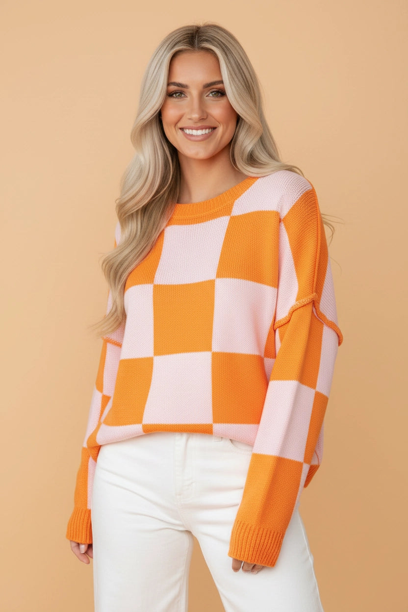 Orange Checker Exposed Seam Drop Shoulder Sweater