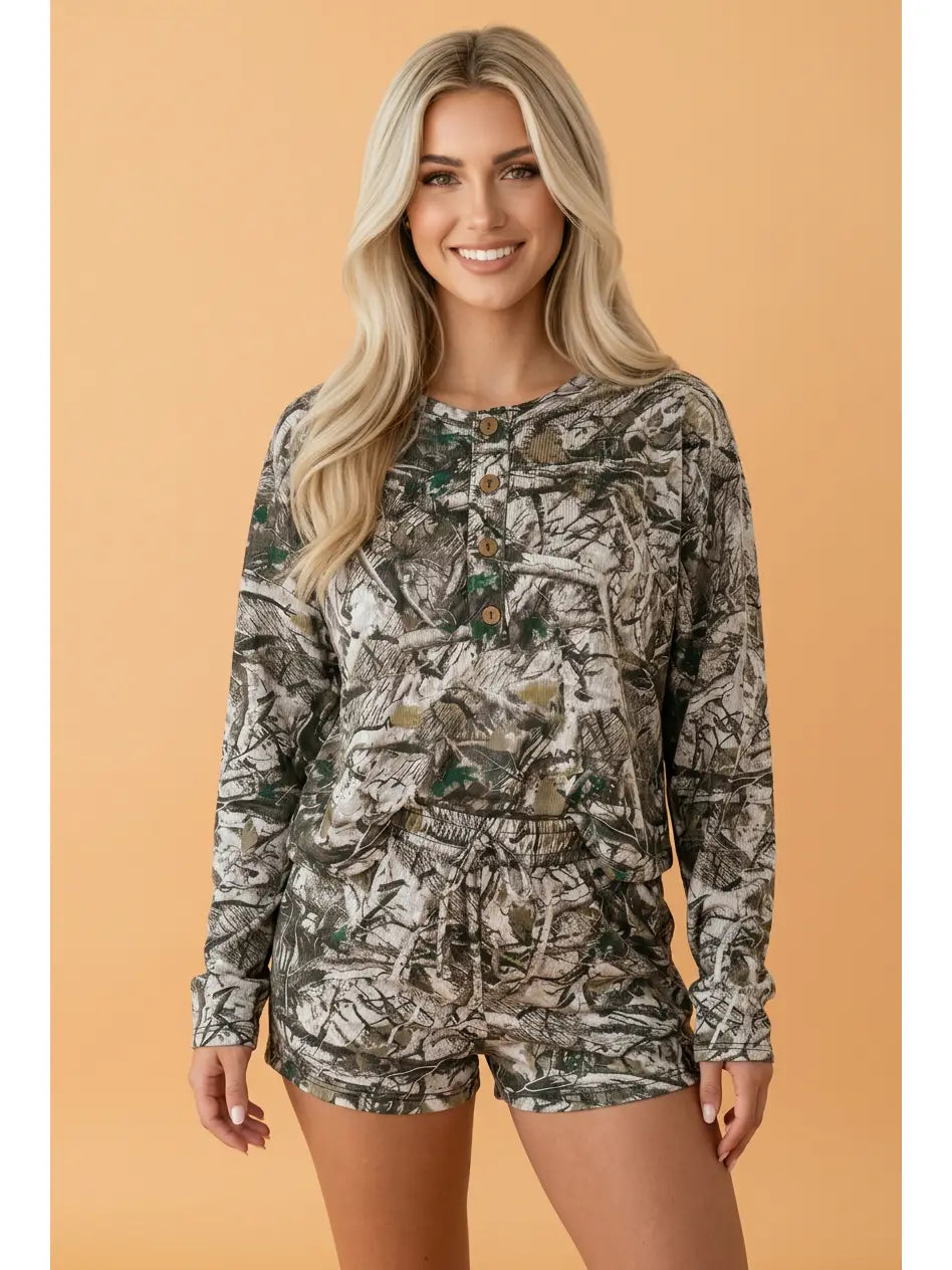 Camo Henley Top & Shorts Set
