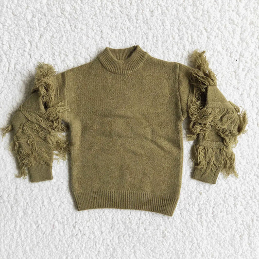 Olive Fringe Sleeve Sweater