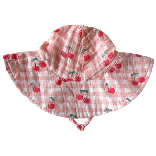 Gingham Cherries Muslin Wide Brim Sunhat