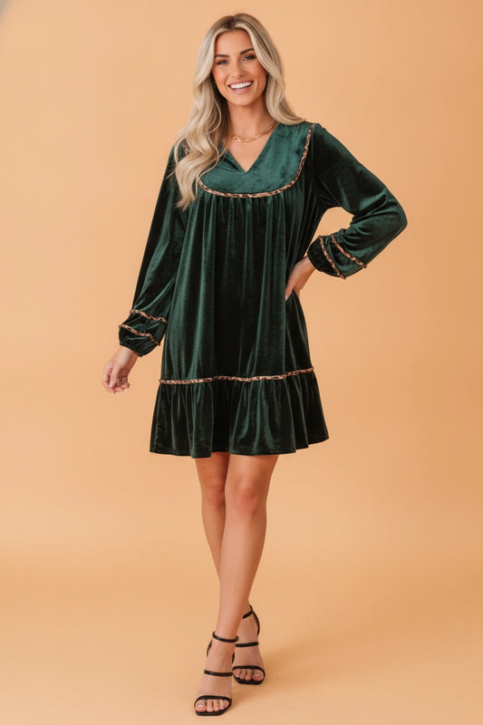 Leopard Trim Green Velvet Dress