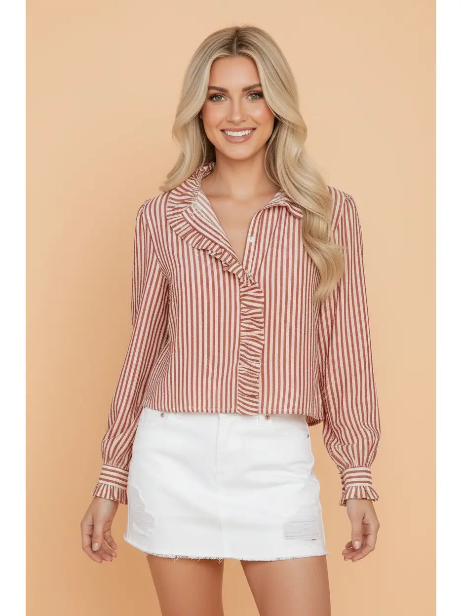 Red Stripe Ruffle Trim Button-Up Shirt