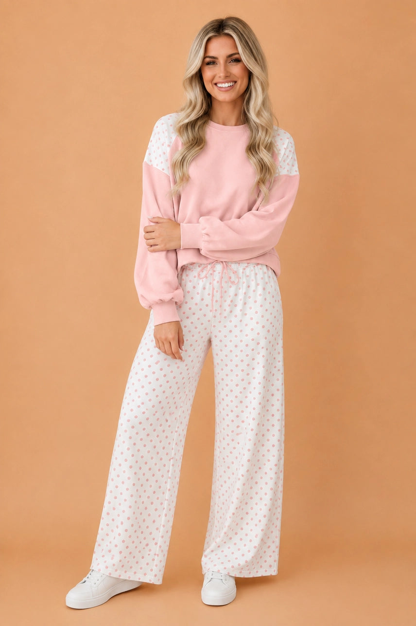 Pink Polka Dot Patchwork Sweatshirt & Pants Set