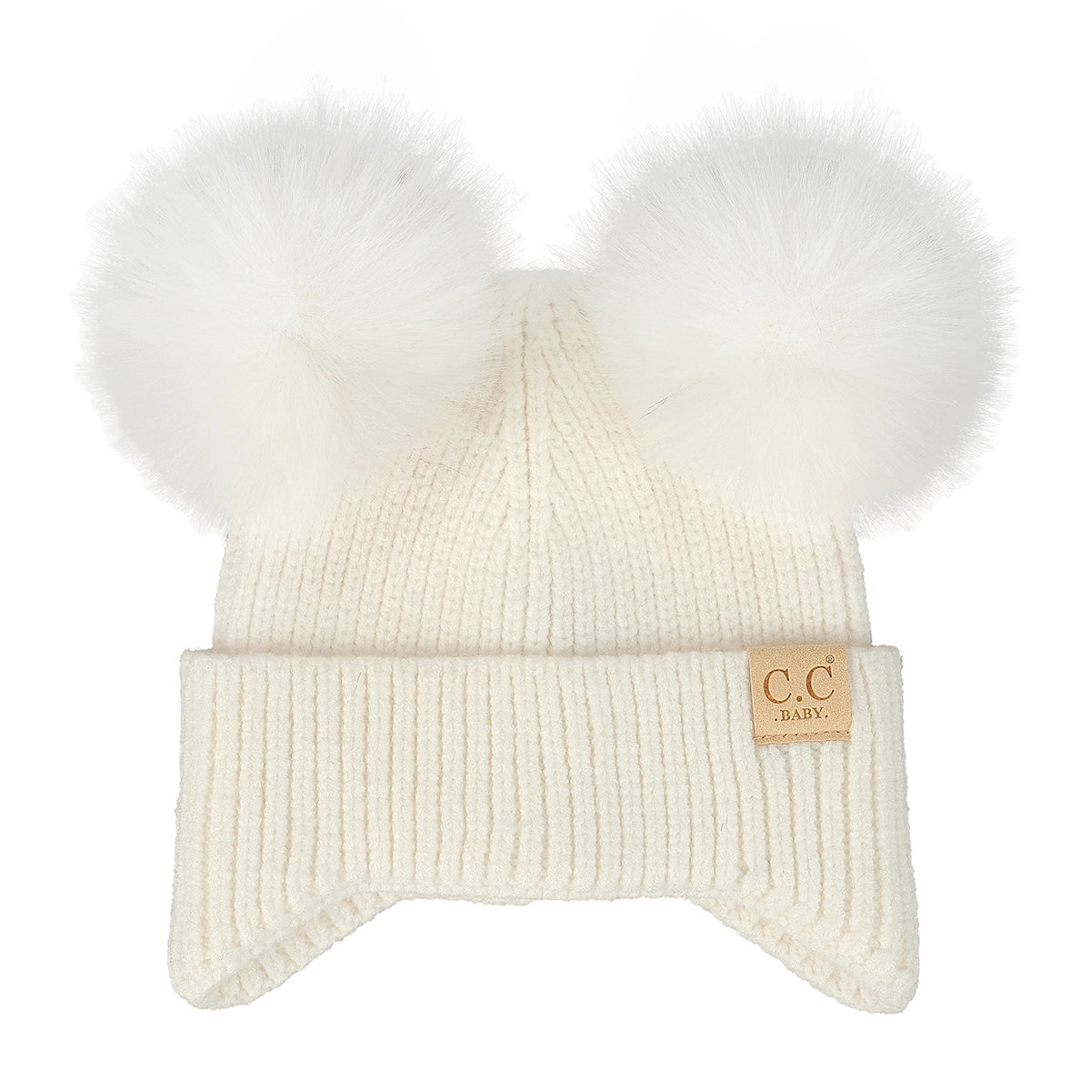Infant Double Pom Faux Fur Earflap Beanie - Ivory