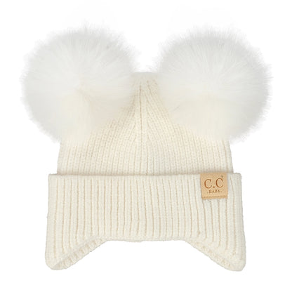 Infant Double Pom Faux Fur Earflap Beanie - Ivory