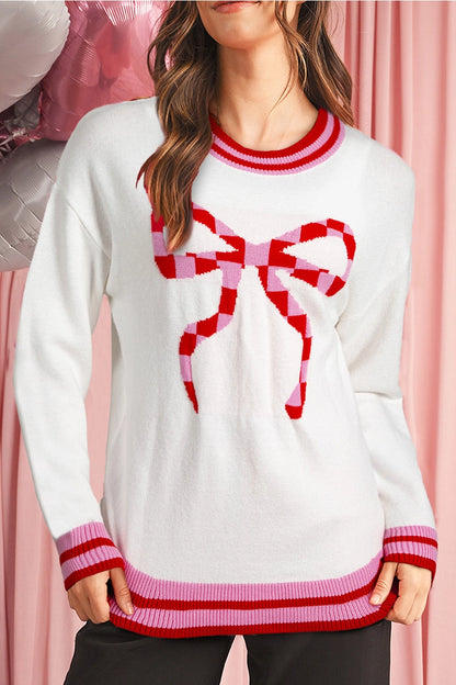 Stripe Trim Bow Crewneck Sweater