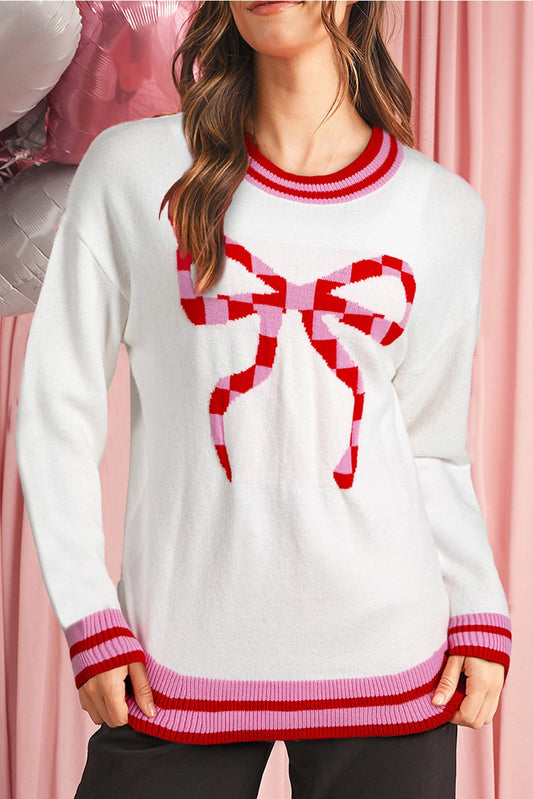 Stripe Trim Bow Crewneck Sweater