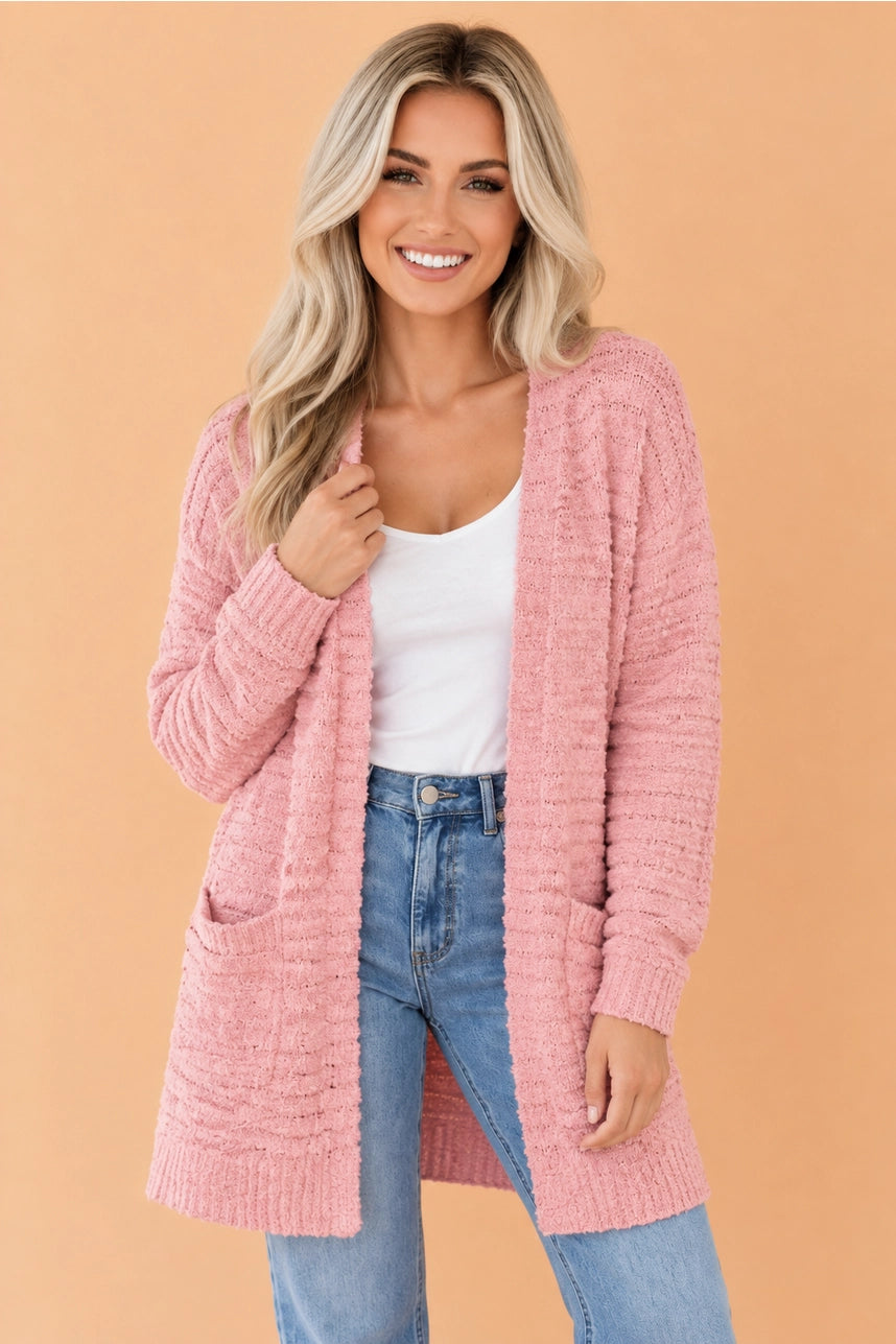 Pink Fuzzy Ribbed Cardigan