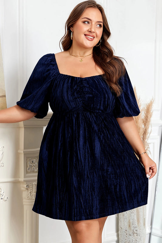 Navy Velvet Puff Sleeve Dress - Curvy
