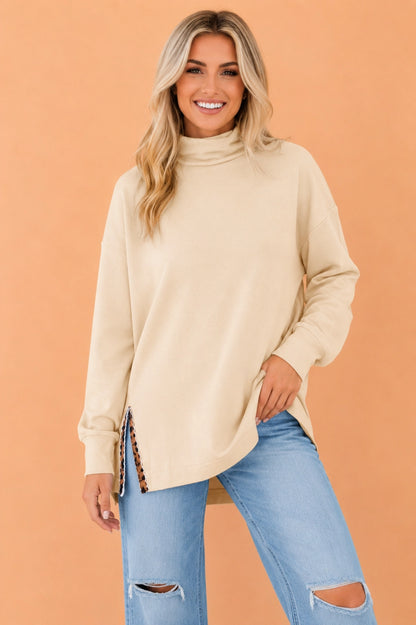 Leopard Trim Split Hem Mock Neck