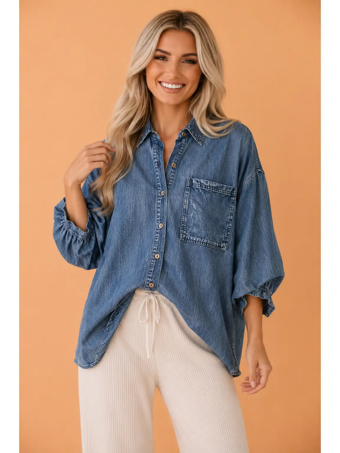 Denim Pocket 3/4 Sleeve Buttoned Shirt