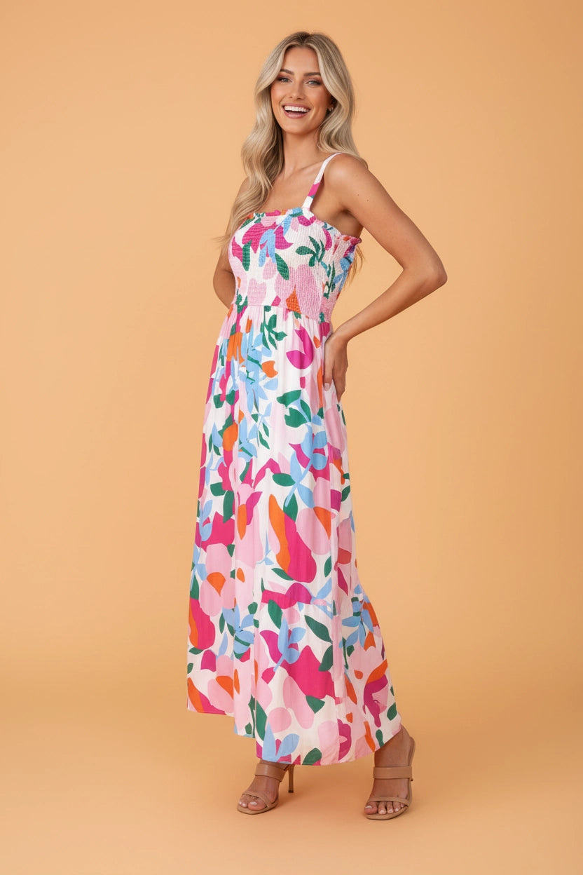Abstract Floral Smocked Maxi