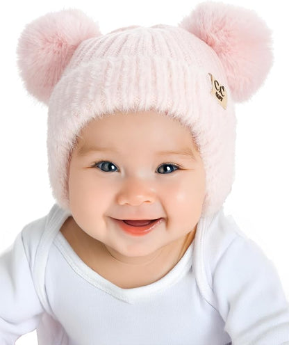 Infant Double Pom Chenille Earflap Beanie - Light Pink