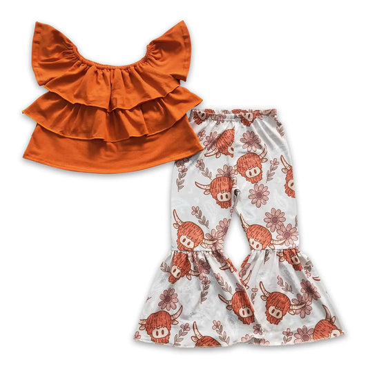 Orange Ruffle Top & Highland Cow Bells