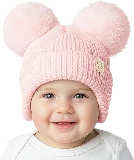 Infant Double Pom Faux Fur Earflap Beanie - Light Pink