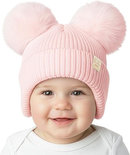 Infant Double Pom Faux Fur Earflap Beanie - Light Pink
