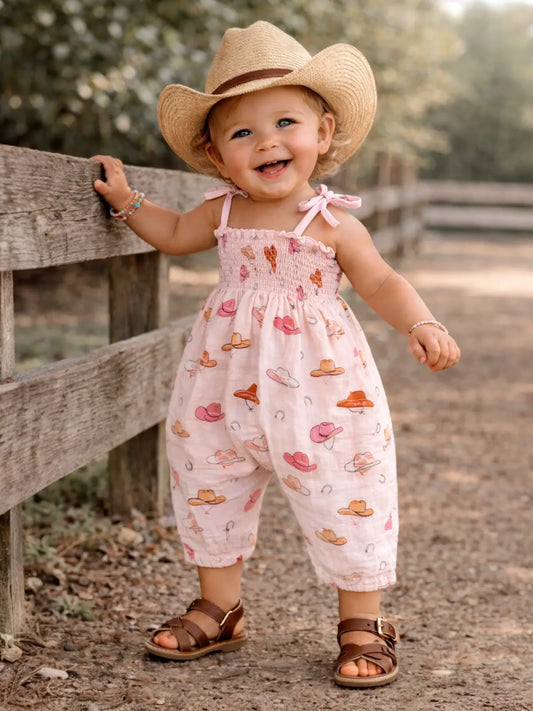 Western Pink Muslin Smocked Jumpsuit