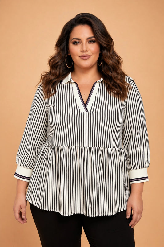Black Stripe Peplum Blouse - Curvy