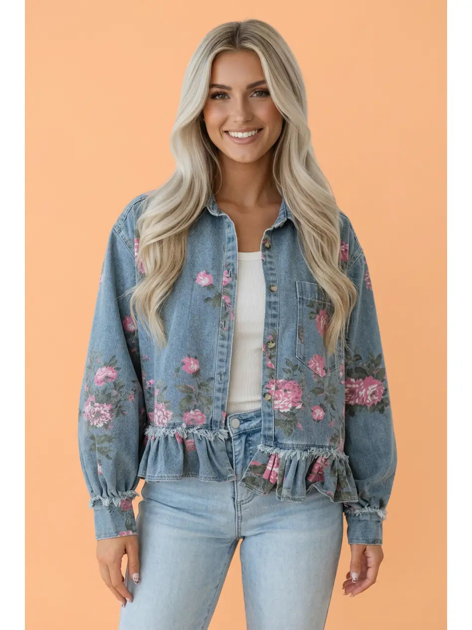 Floral Denim Raw Seam Ruffle Hem Jacket