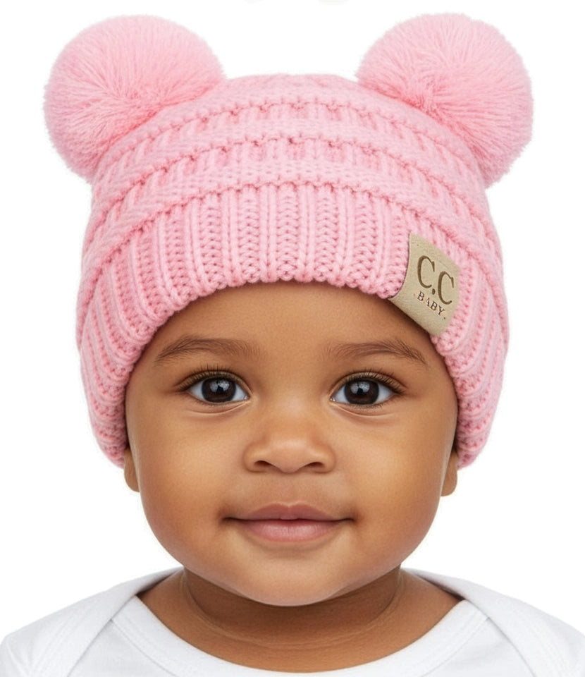 Infant Woven Double Pom Beanie - Pink
