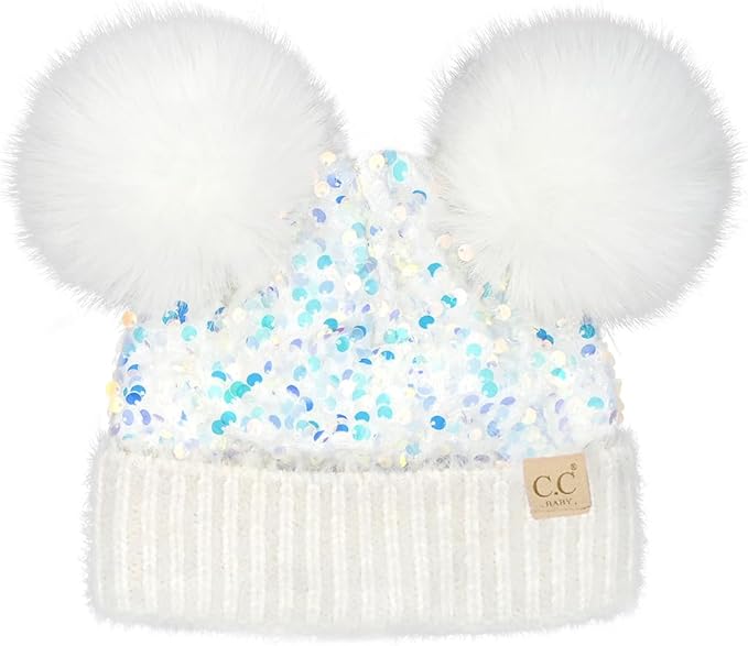 Infant Double Pom Chenille Cuff Sequin Beanie - White