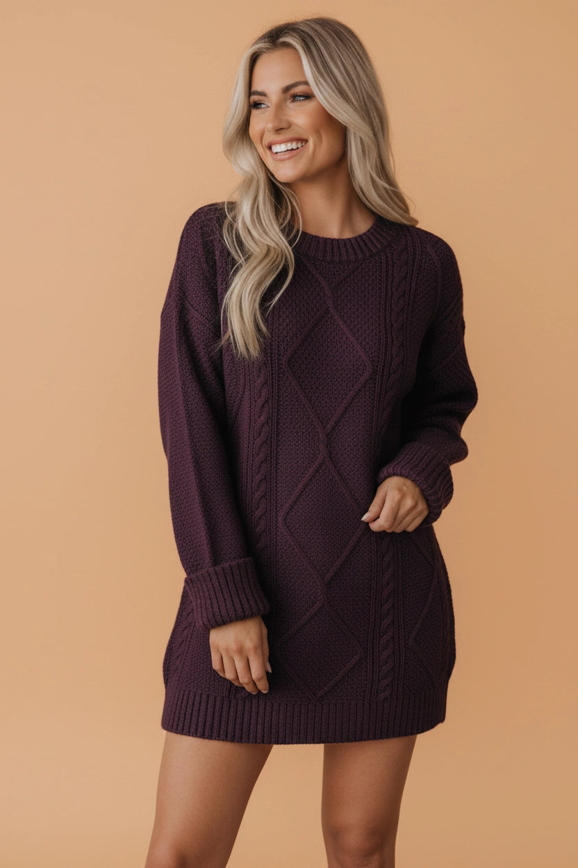 Burgundy Cable Knit Sweater Dress