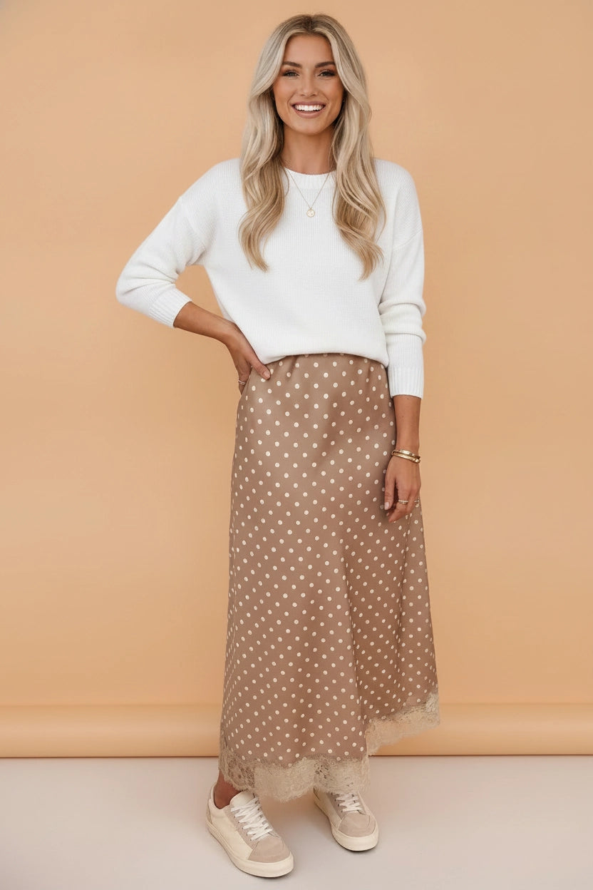 Khaki Polka Dot Lace Hem Midi Skirt