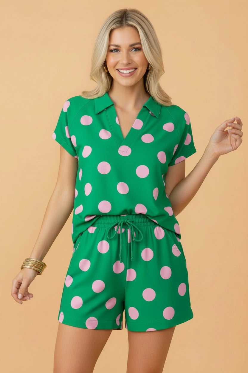 Green V-Neck Tee & Shorts Set