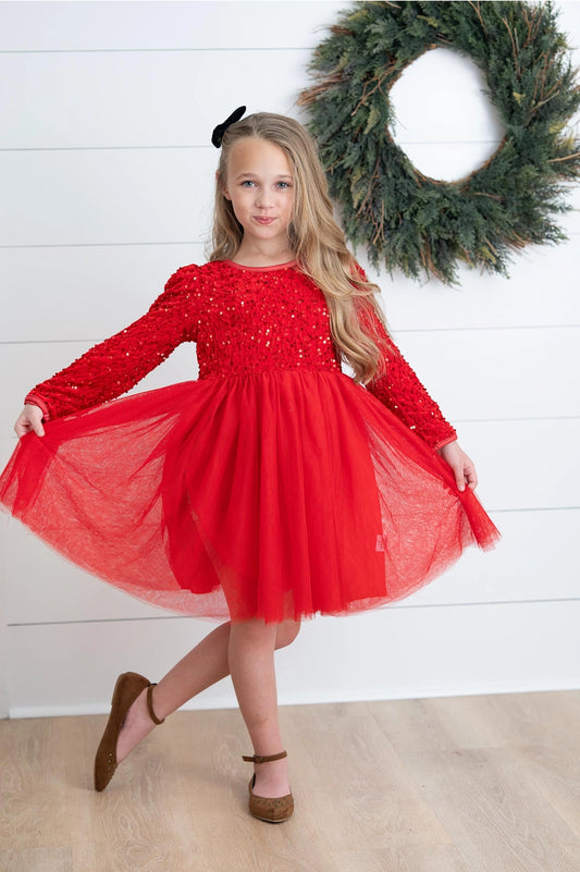 Red Sequin Tulle Holiday Party Dress