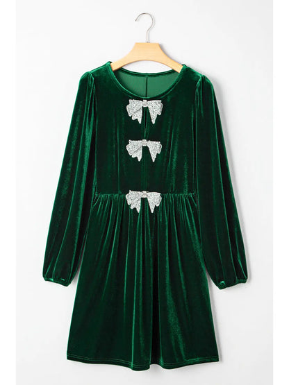Rhinestone Bow Velvet High Waist Mini Dress