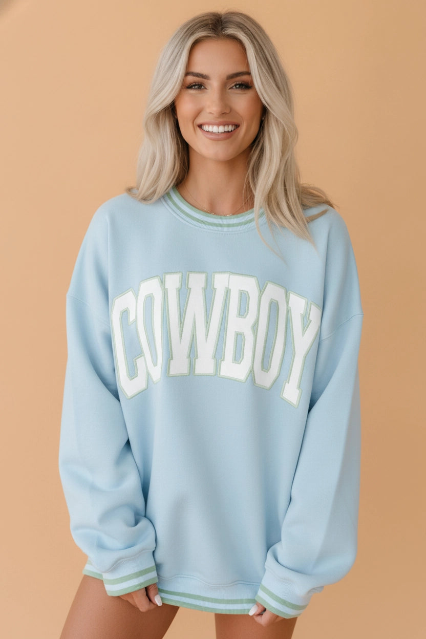 Baby Blue Cowboy Contrast Trim Sweater