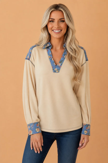 Floral Denim Patchwork Collared Top