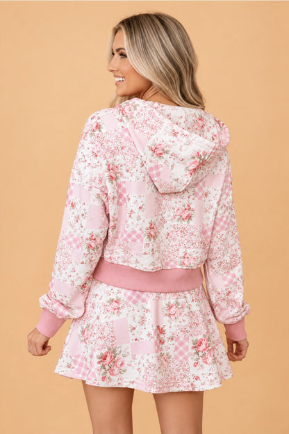 Pink Floral Patchwork Zip Up Hoodie & Skort Set