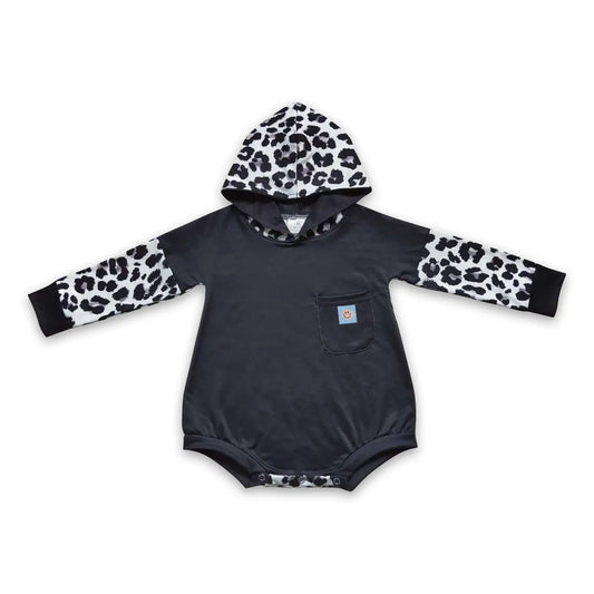 Black Leopard Hooded Pocket Bubble Romper