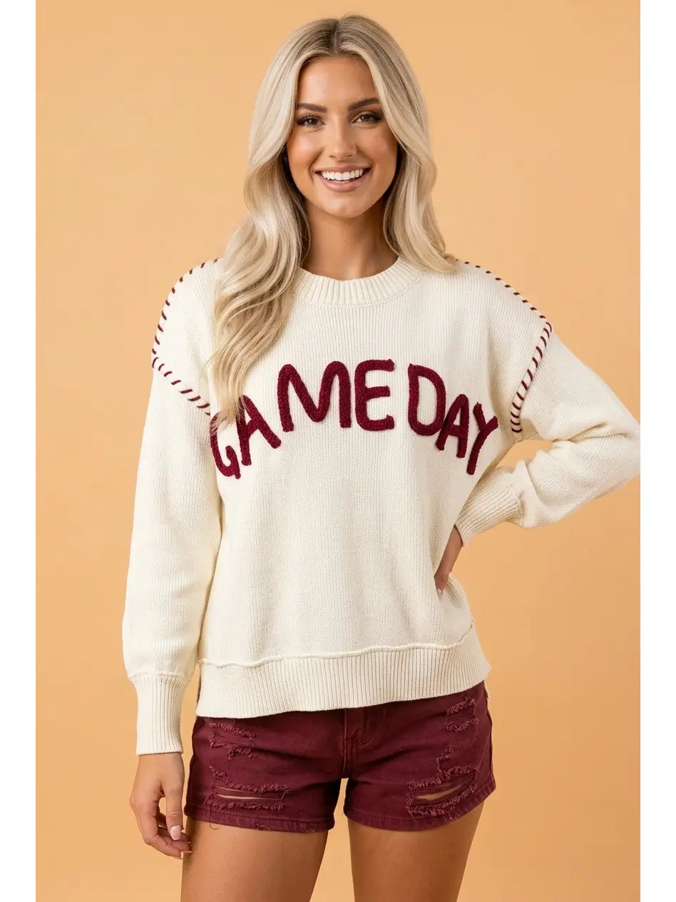 Maroon Game Day Embroidered Seam Sweater