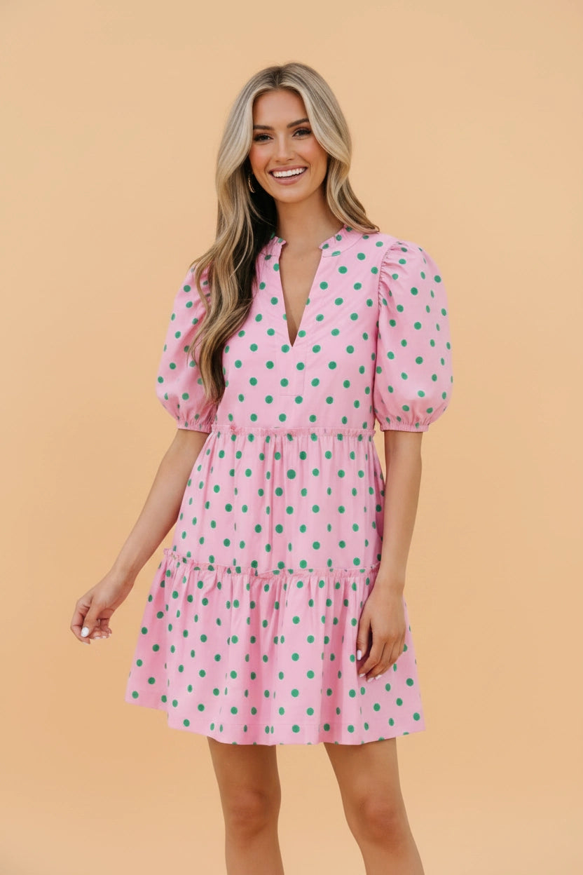 Pink & Green V-Neck Tiered Dress