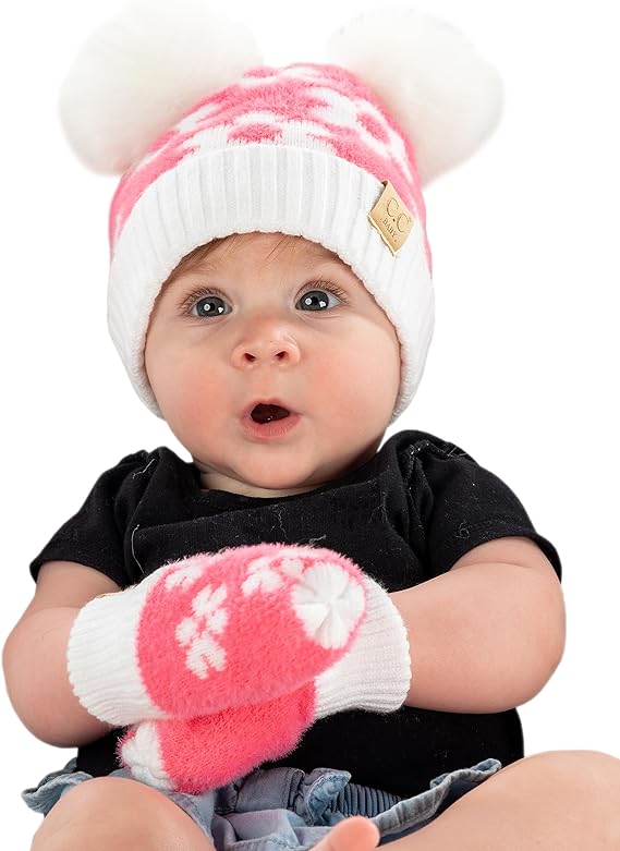 Infant Double Pom Beanie/Mittens Set - Candy Pink Daisy
