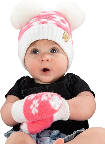 Infant Double Pom Beanie/Mittens Set - Candy Pink Daisy