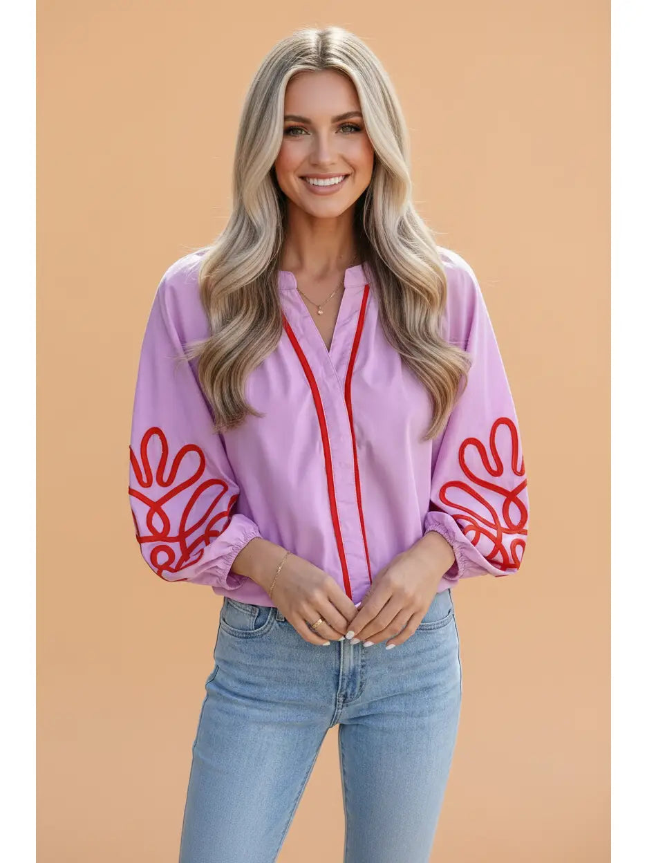Abstract Contrast Trim V-Neck Blouse