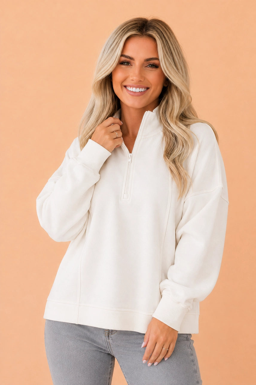 White 1/4 Zip Drop Shoulder Sweatshirt