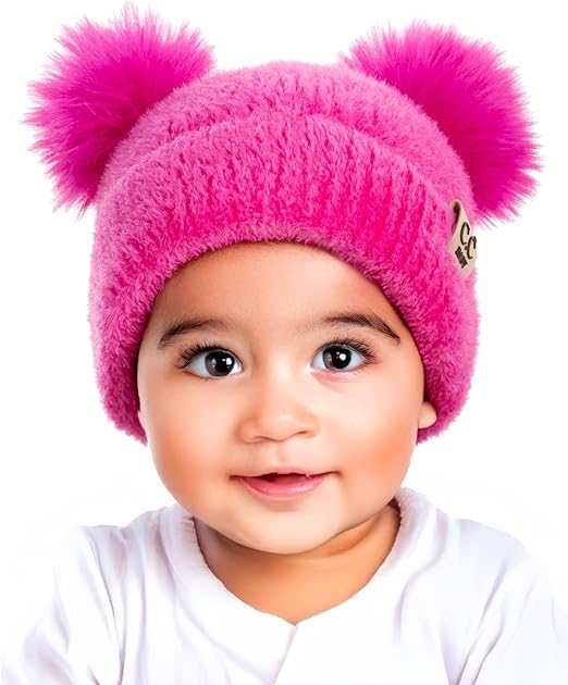 Infant Double Pom Chenille Beanie - Hot Pink