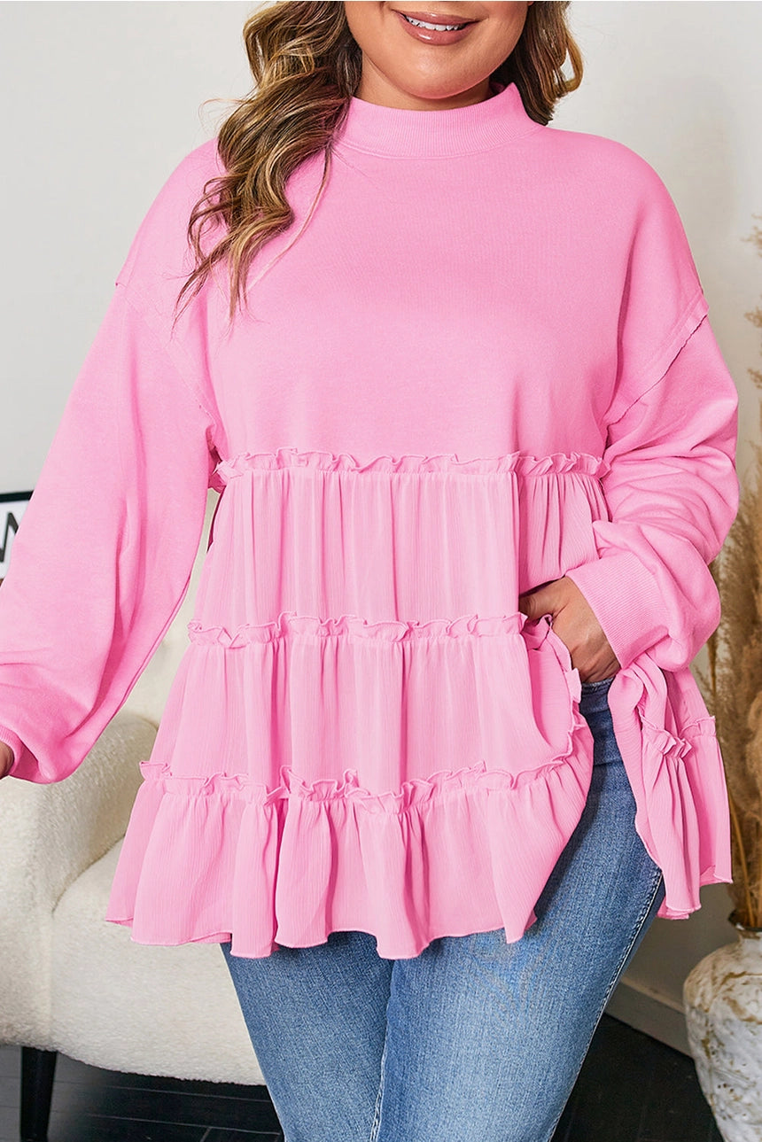 Ruffle Tiered Ribbed Crewneck Top - Curvy