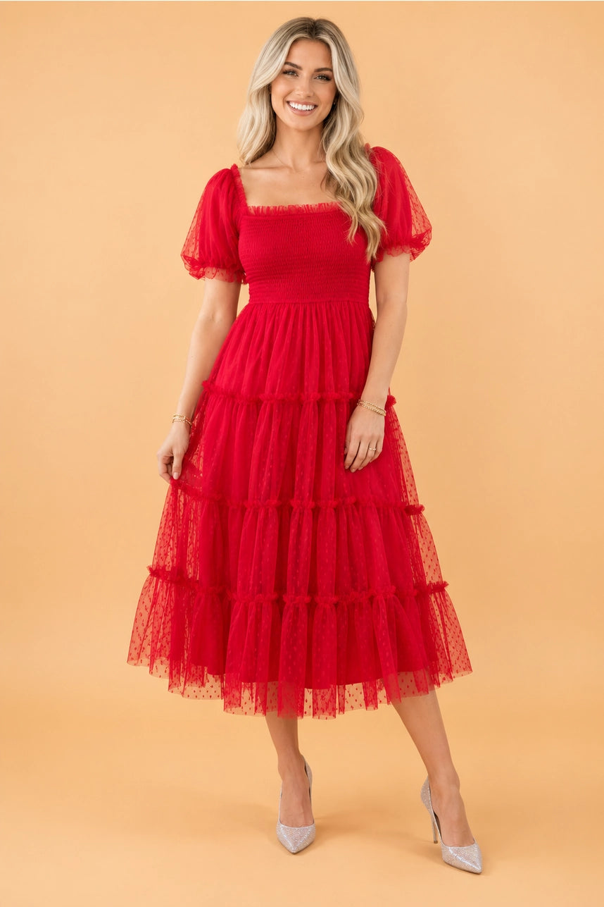 Red Swiss Dot Tulle Puff Sleeve Midi Dress