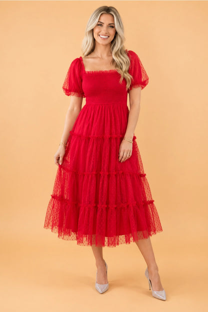 Red Swiss Dot Tulle Puff Sleeve Midi Dress