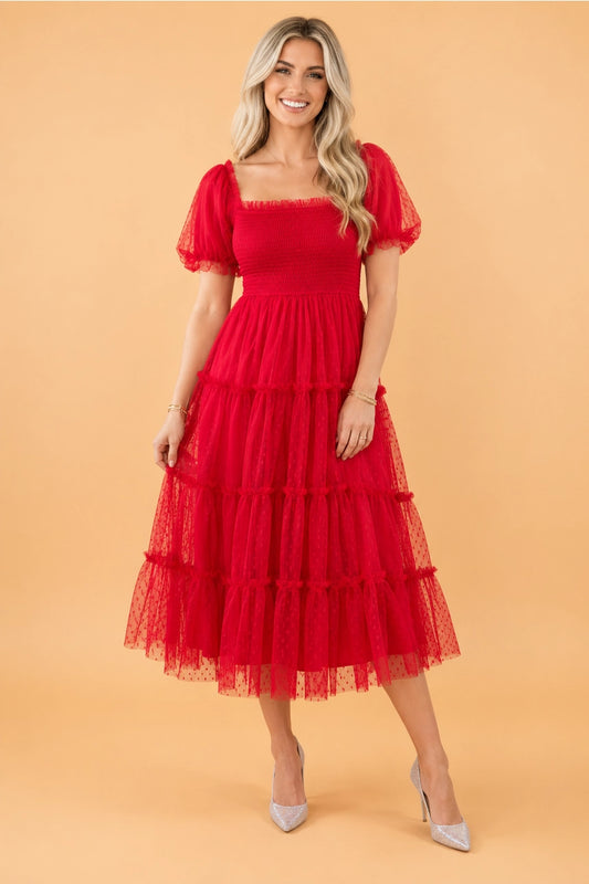 Red Swiss Dot Tulle Puff Sleeve Midi Dress