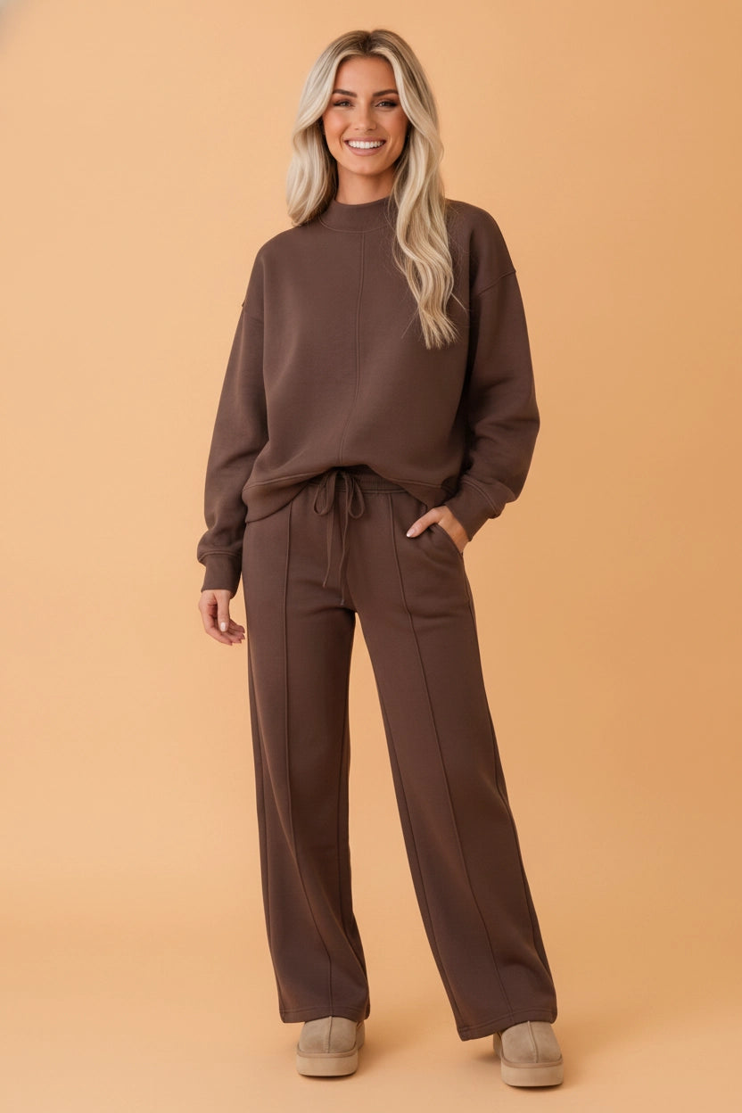 Brown Mock Neck Sweatshirt & Drawstring Pant Set