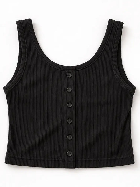Black Button Front Ribbed Tank