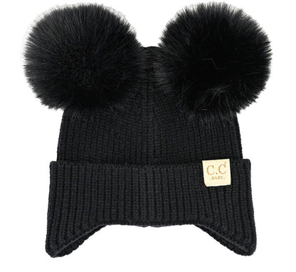 Infant Double Pom Faux Fur Earflap Beanie - Black